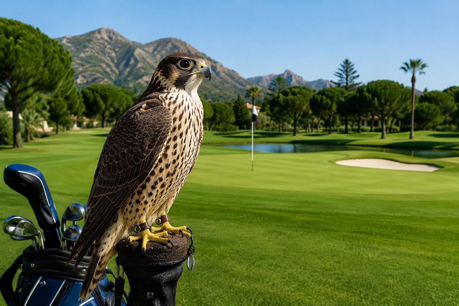 Green de campo de golf con lago ornamental al fondo