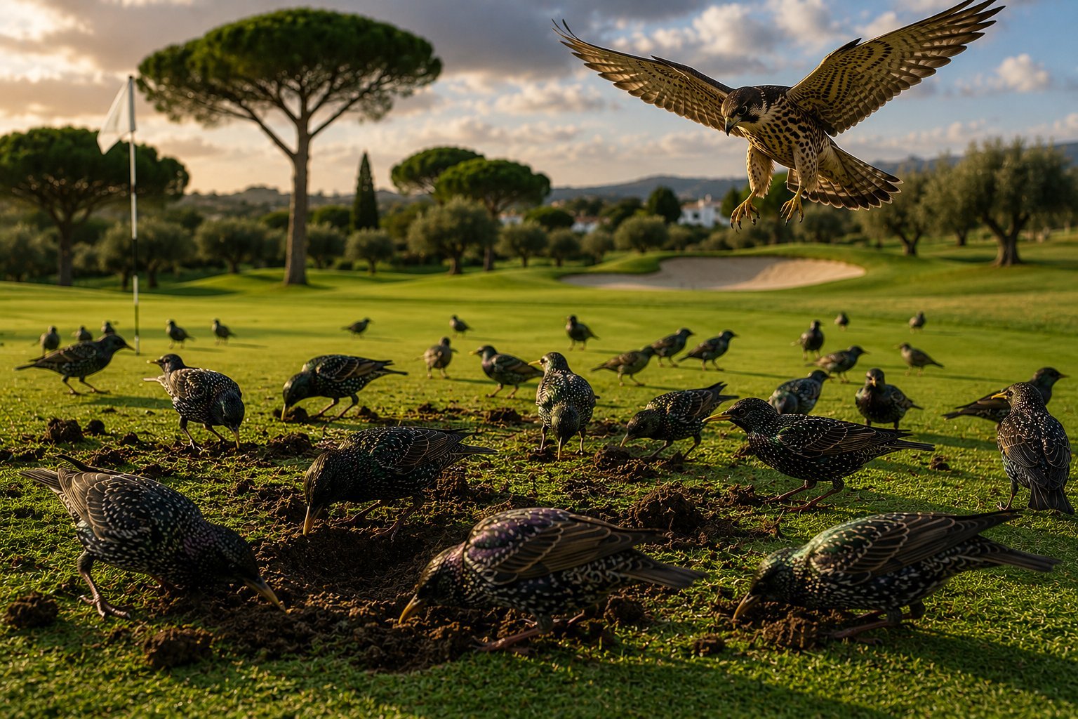 Estorninos excavando en el césped de un campo de golf
