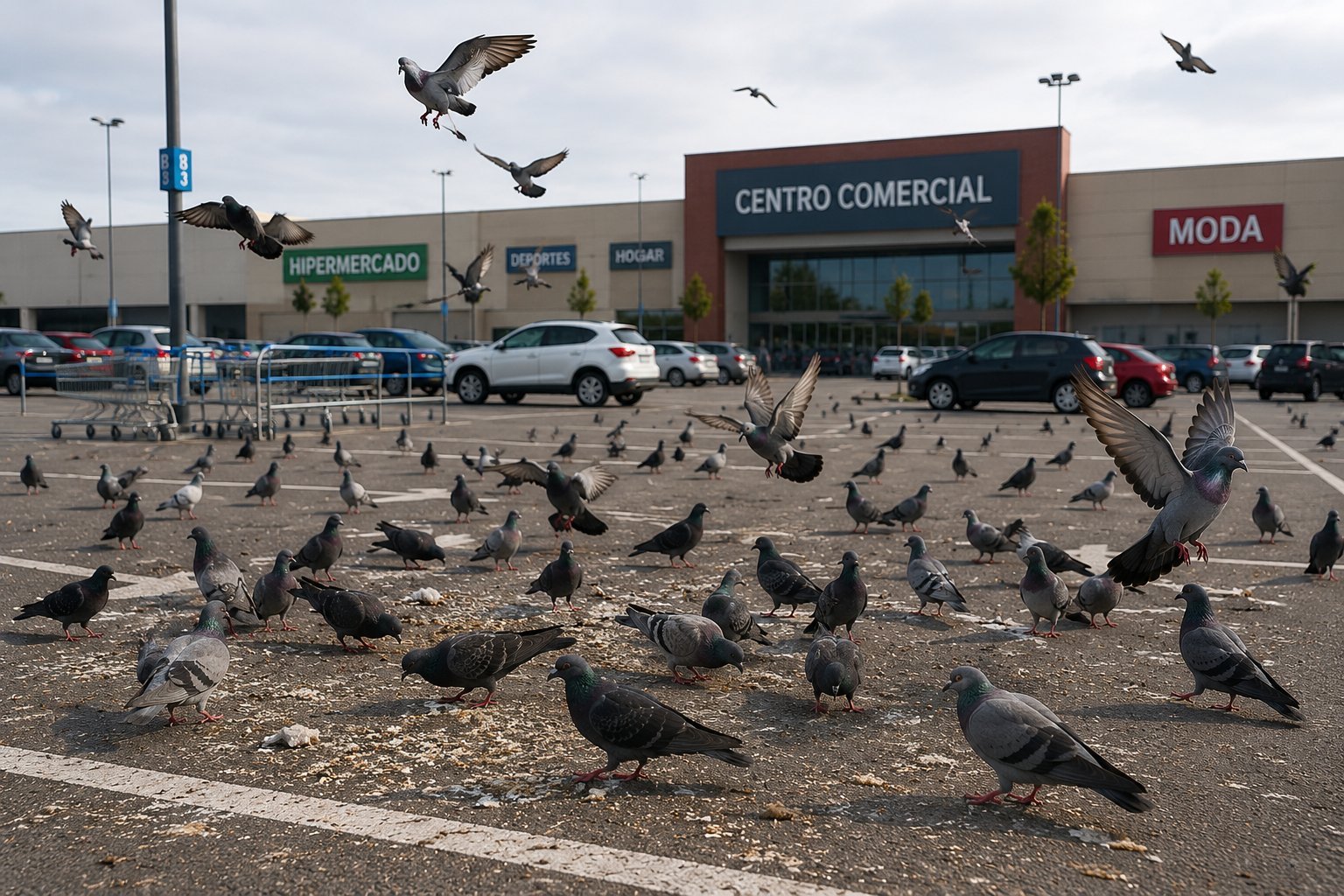 Palomas en la zona de aparcamiento de un centro comercial