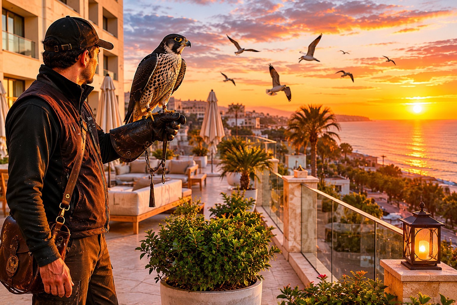 Palomas posadas en la cornisa de un edificio hotelero