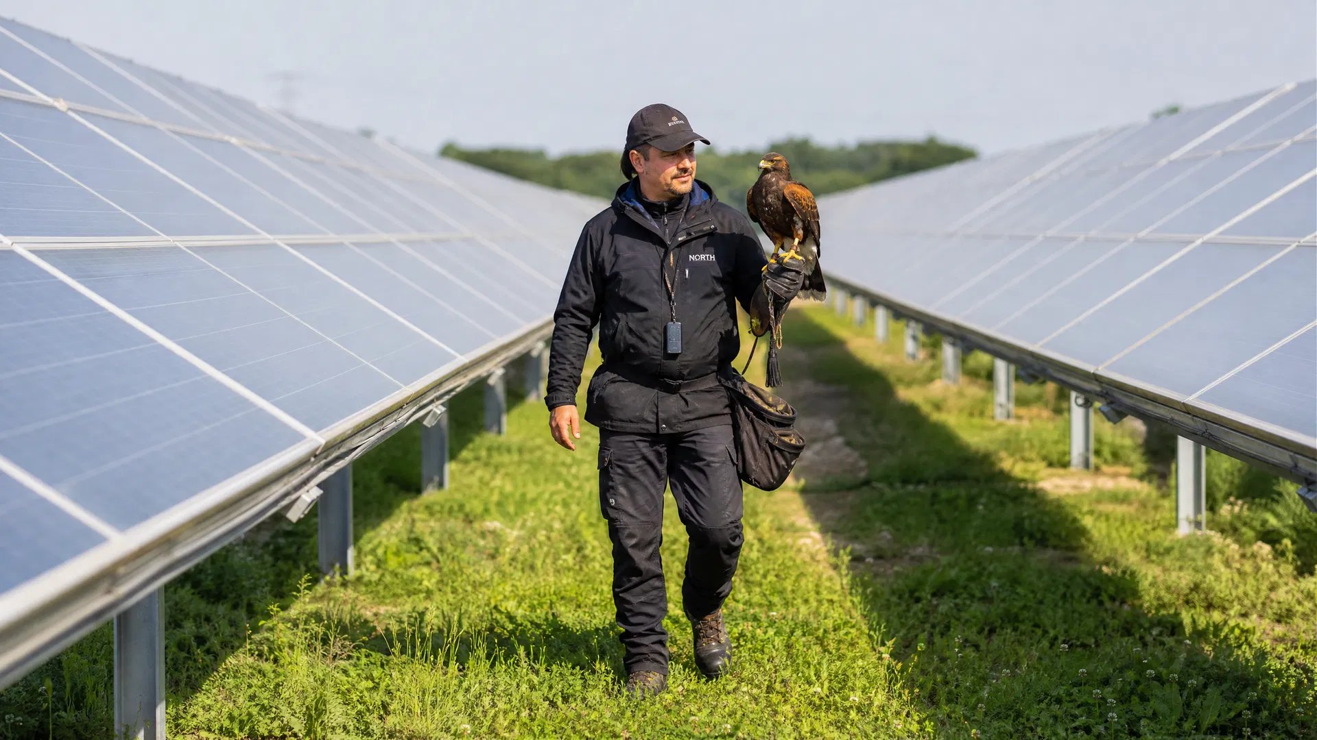 Paneles solares con palomas posadas — problema de aves en planta fotovoltaica