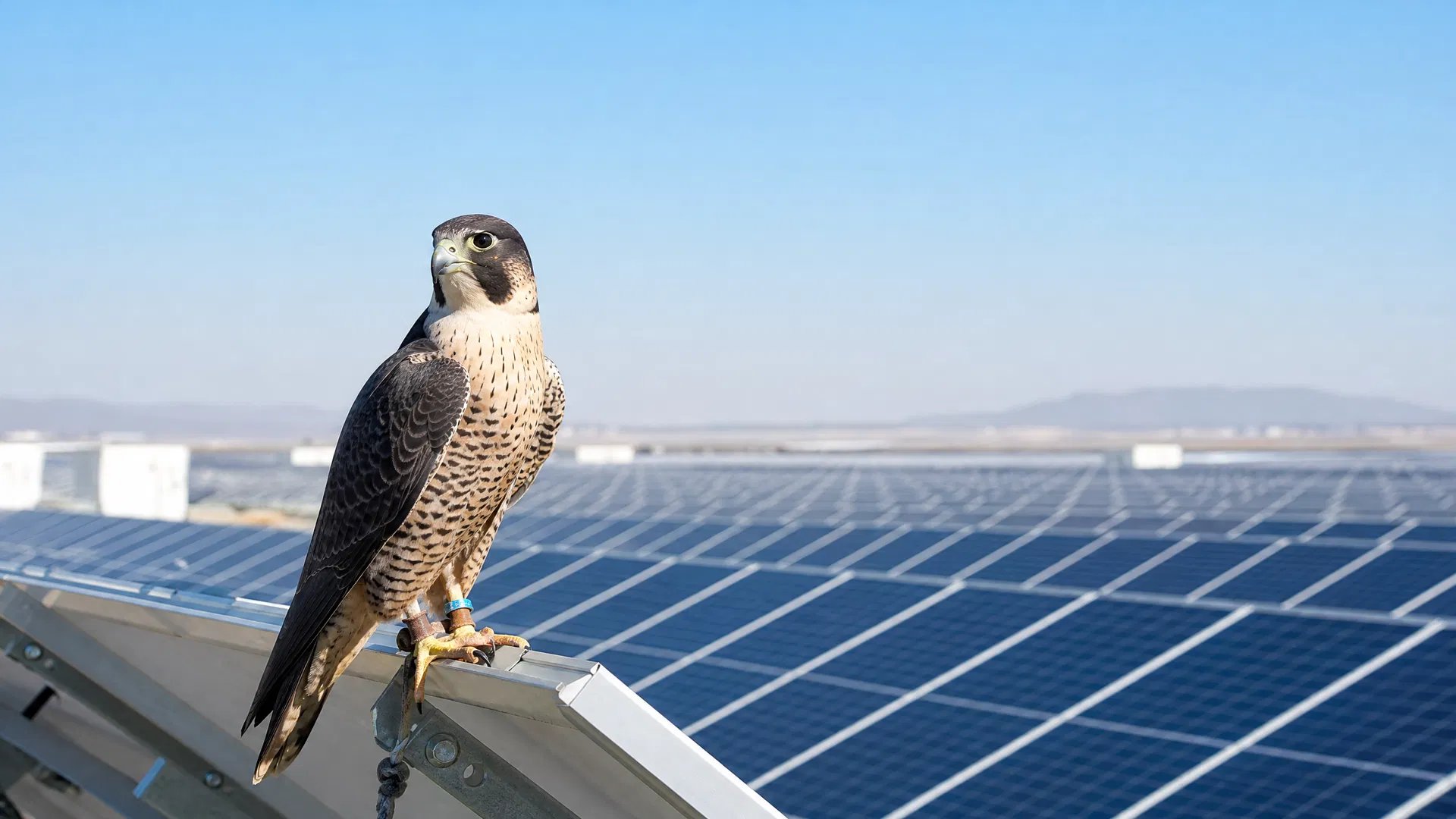 Halcón sobrevolando una planta solar fotovoltaica