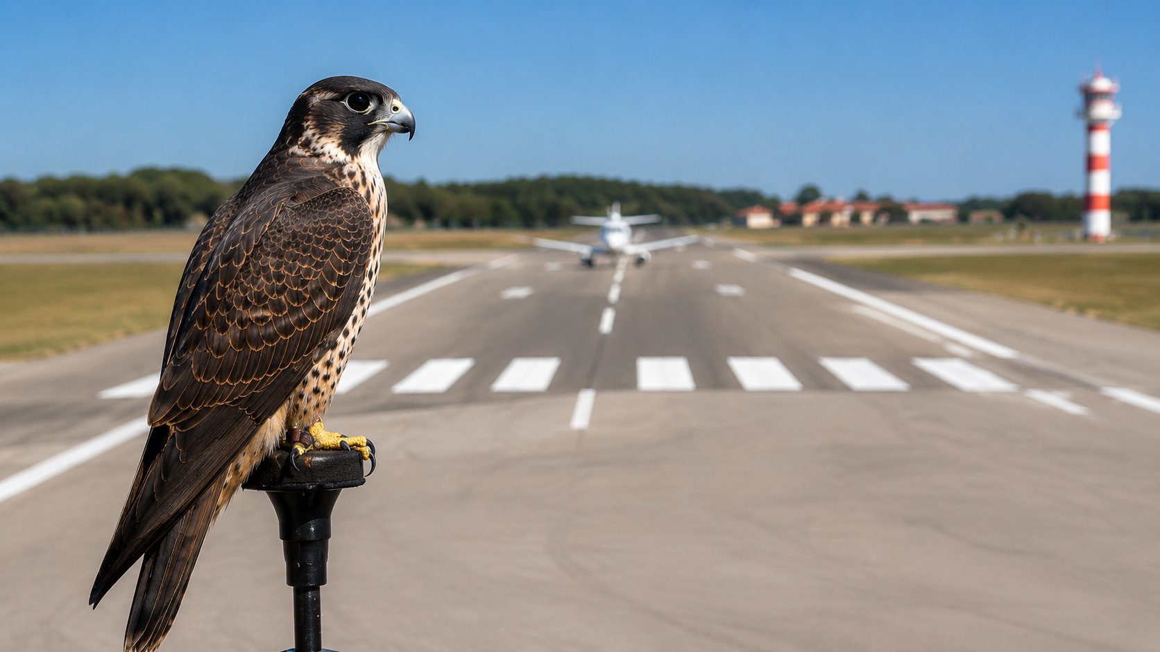 Pista de aterrizaje de aeródromo con aves en la franja lateral