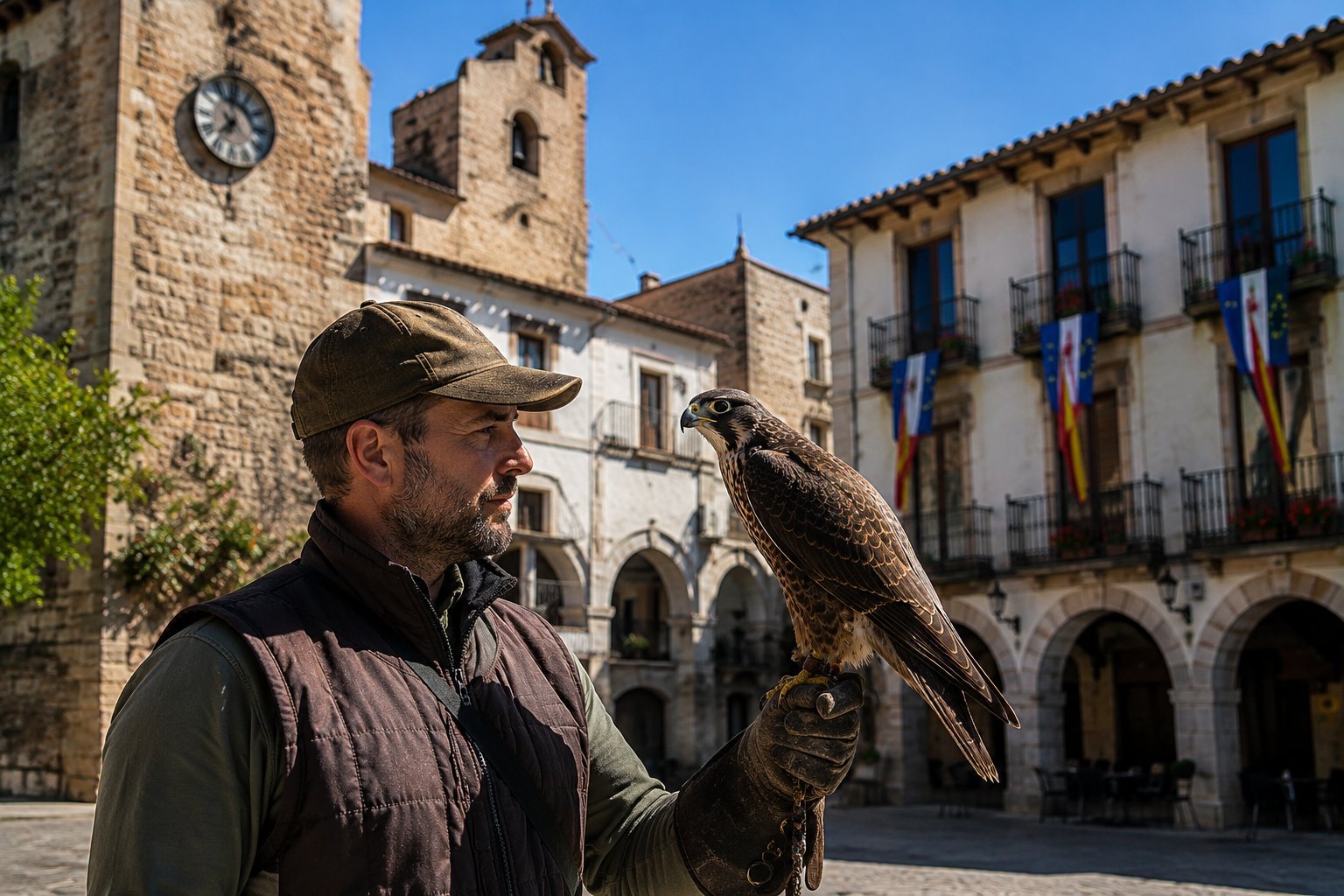 Plaza de pueblo con palomas y edificio histórico
