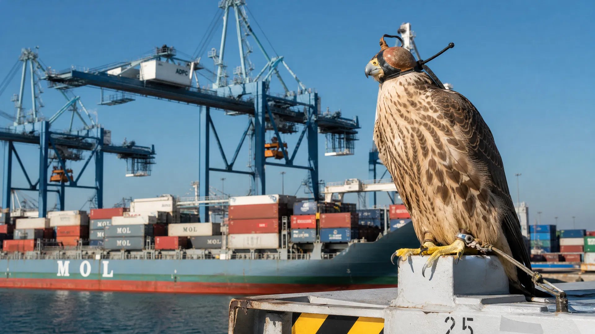Gaviotas sobrevolando un puerto comercial con contenedores