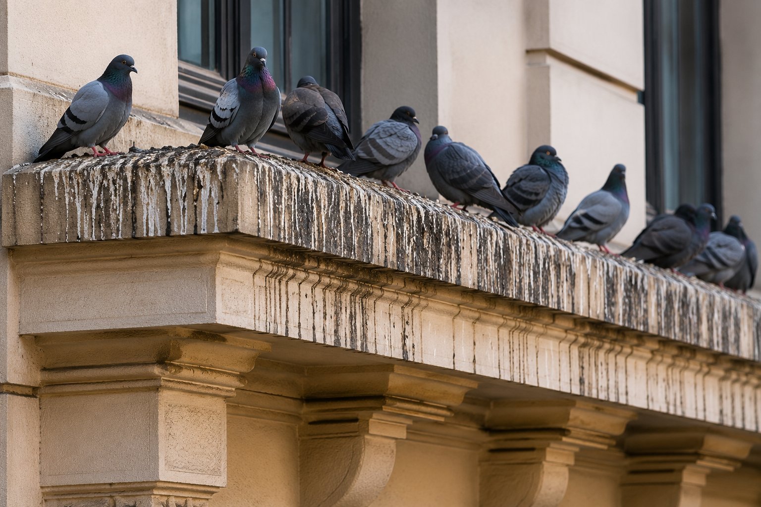Palomas anidando en la cornisa de un edificio urbano